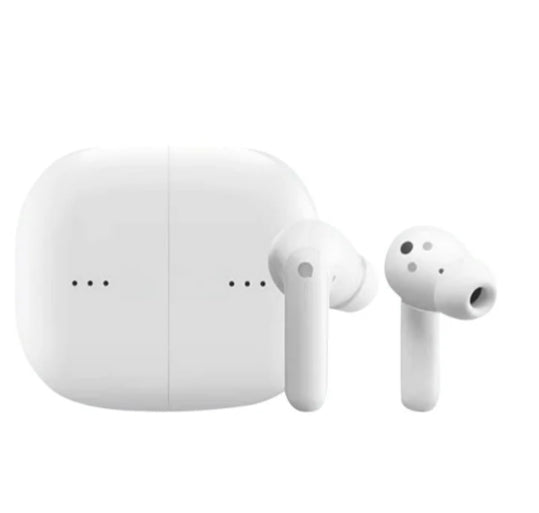 White wireless earbuds with charging case 