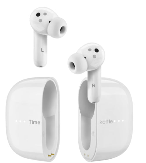 White wireless earbuds with charging case 