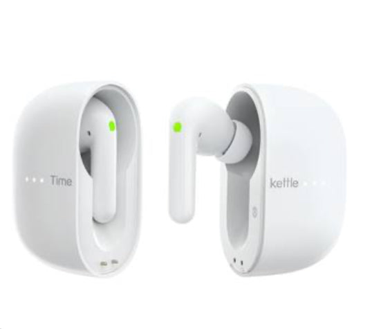 White wireless earbuds with charging case 