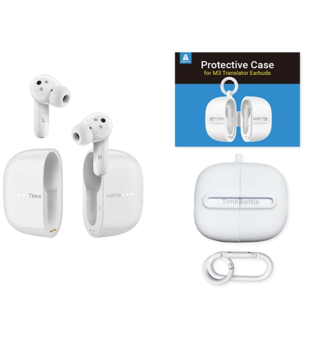 White wireless earbuds with charging case and protective case 